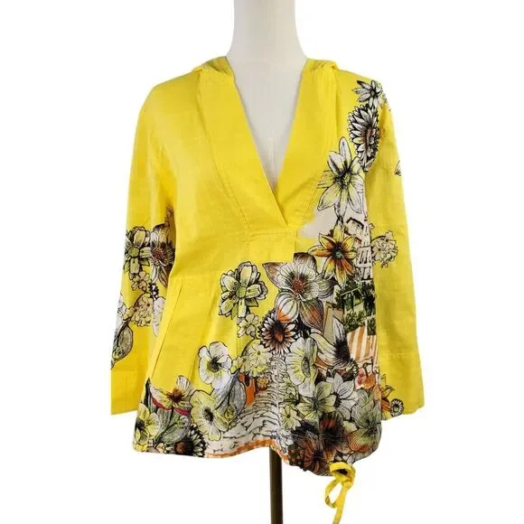 Chico’s Size 1 Medium Yellow Floral 100% Cotton Hoodie Roll Tab Sleeves Pockets - Picture 3 of 14